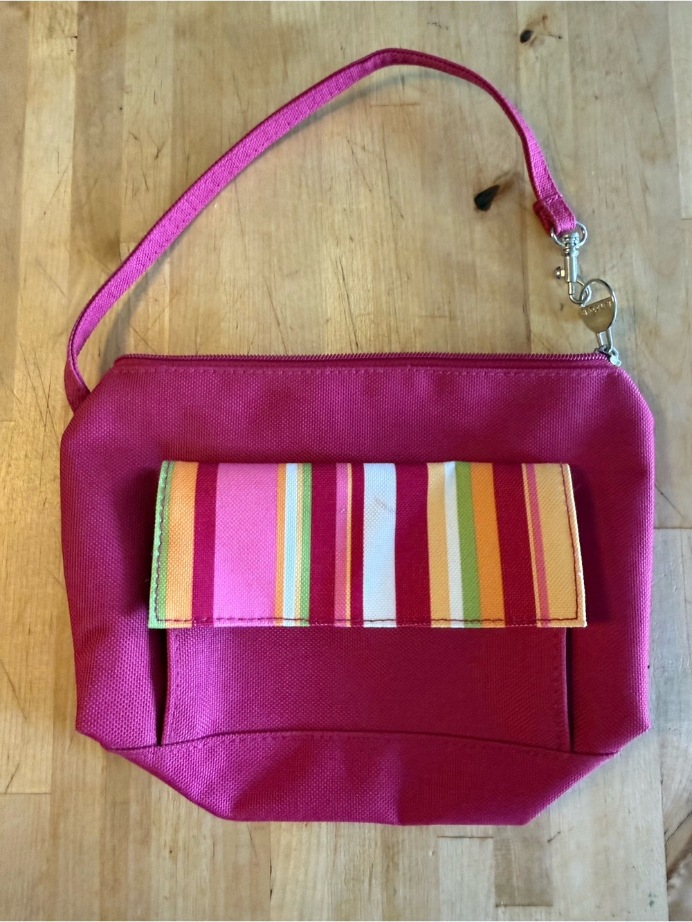 Lancome Hot Pink Wristlet Clutch/Cosmetics Bag with Multicolor Striped Flap
